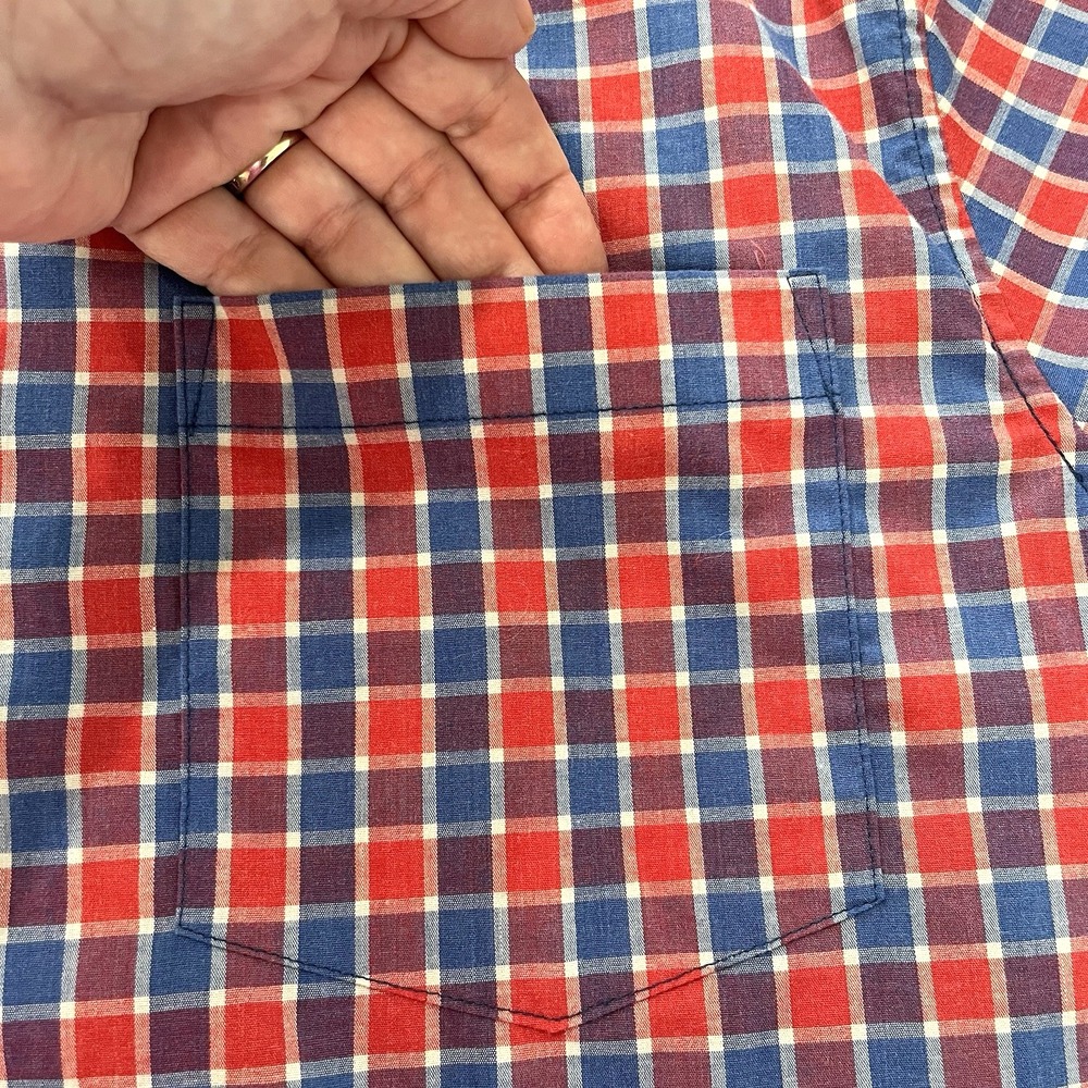 Lee Mens Shirt XL Blue Red Check Button Up Short Sleeve Stretch Patriotic Casual - Picture 5 of 8